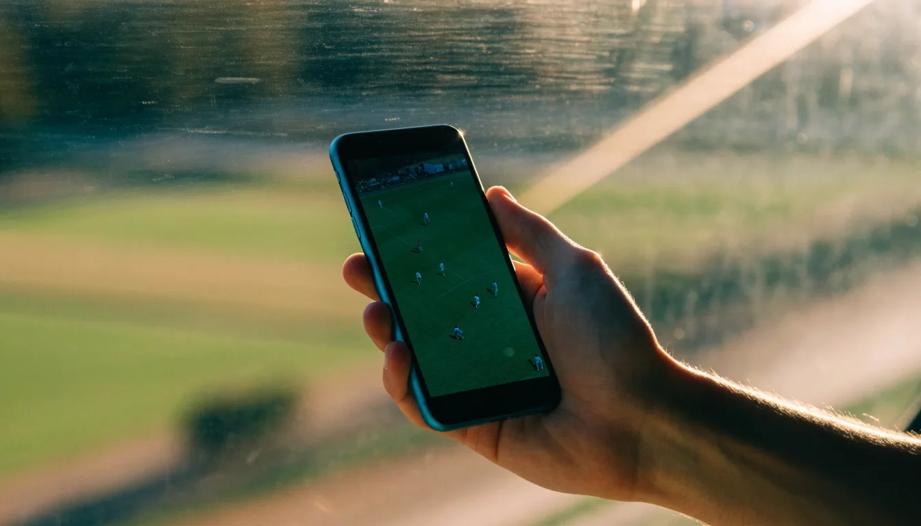 Una mano che tiene uno smartphone con una scommessa sullo schermo, su un treno nel tardo pomeriggio