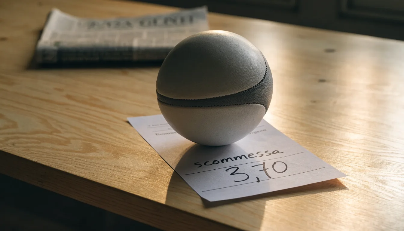 Un pallone da calcio appoggiato su una schedina bianca su un tavolo di legno, alla luce del giorno
