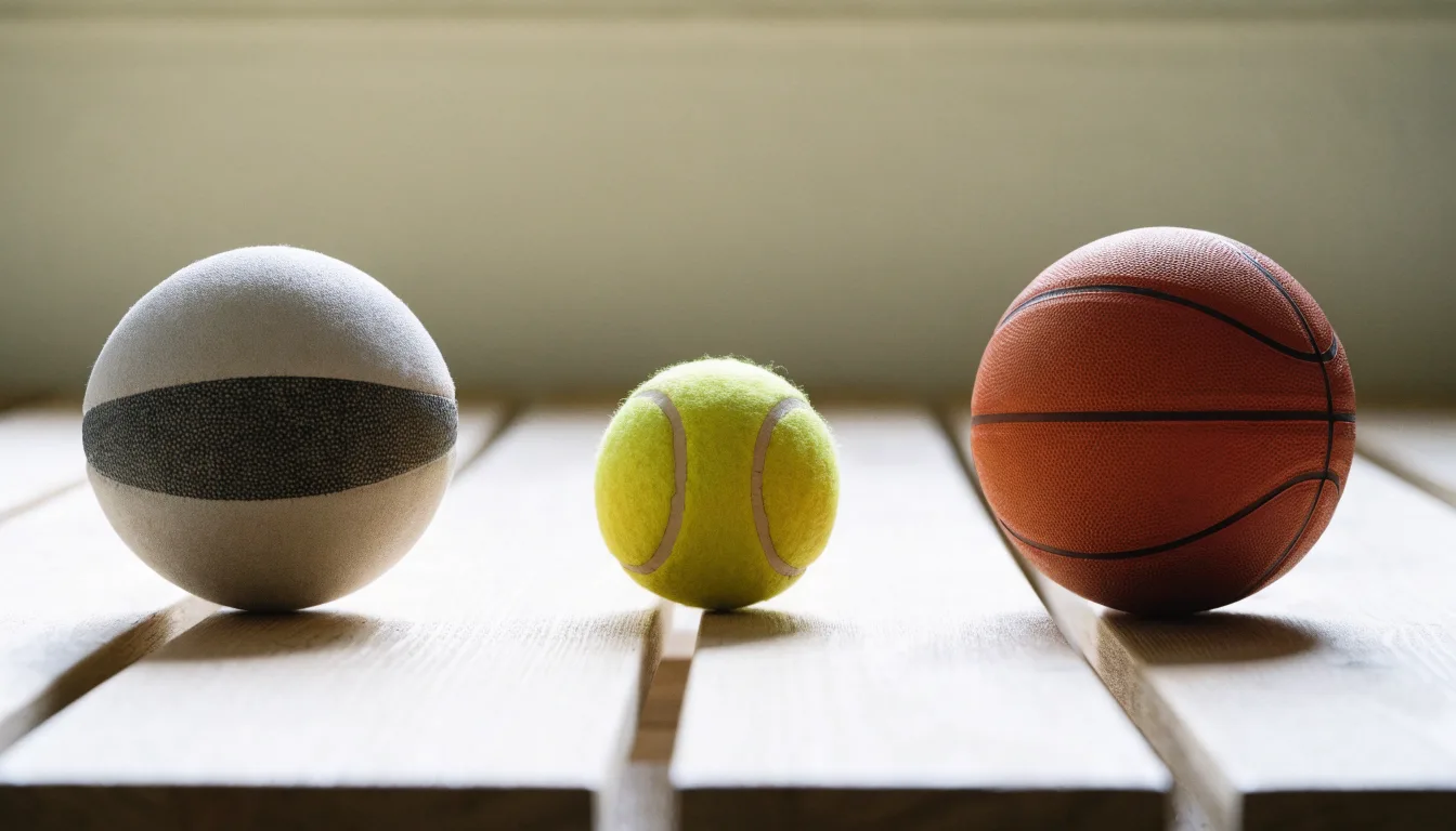 Tre palloni di sport diversi allineati uno accanto all'altro su una panca di legno